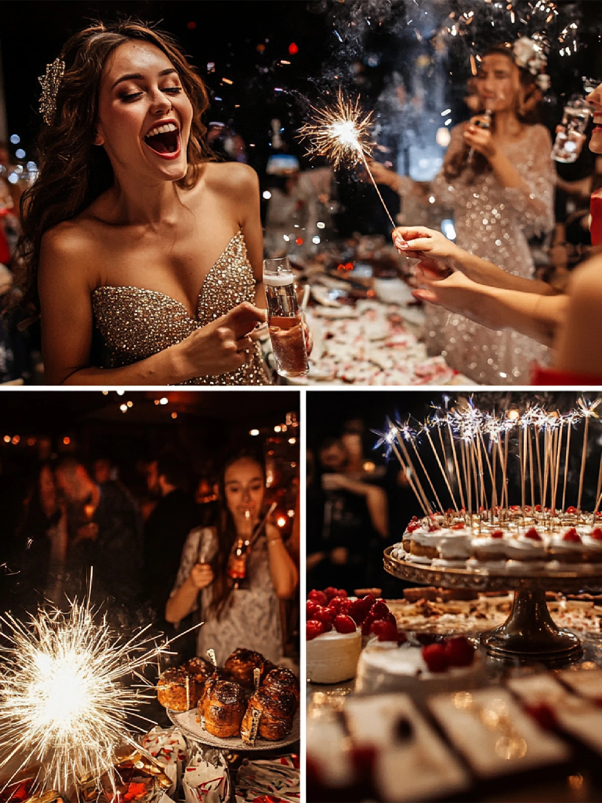 A guest in a gold sequin dress laughing with a sparkler, beside more party frames